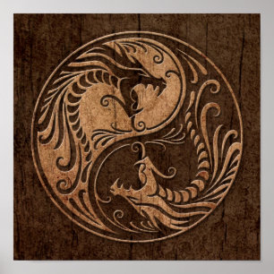Yin Yang Drachen mit hölzernem Korn-Effekt Poster