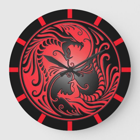 Yin Yang Drachen, Rot und Schwarzes Große Wanduhr (Vorderseite)