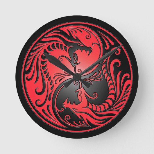 Yin Yang Drachen, Rot und Schwarzes Runde Wanduhr (Vorderseite)