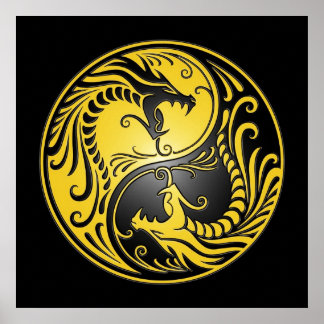 Yin Yang Dragons, gelb und schwarz Poster