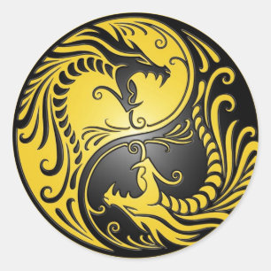Yin Yang Dragons, gelb und schwarz Runder Aufkleber