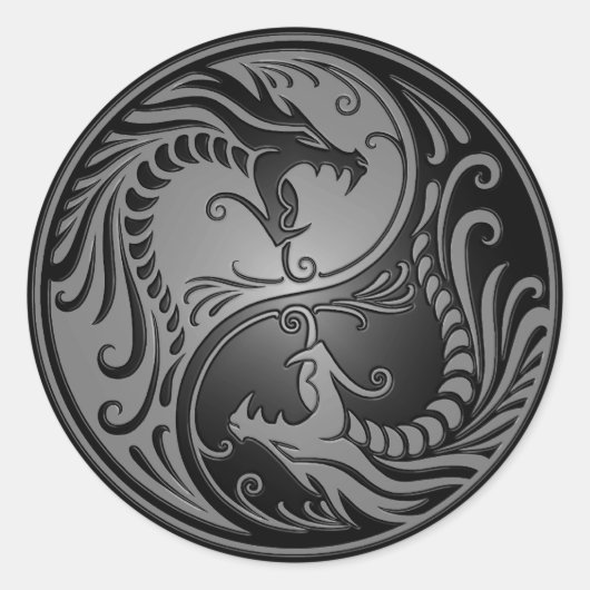 Yin Yang Dragons, grau und schwarz Runder Aufkleber (Vorderseite)