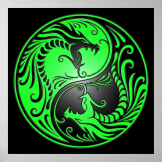 Yin Yang Dragons, grün und schwarz Poster