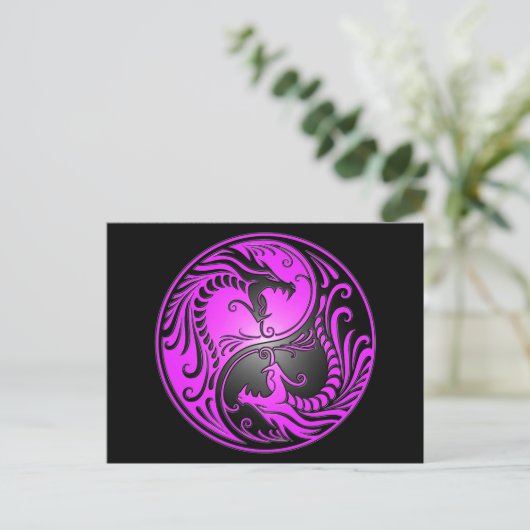 Yin Yang Dragons, lila und schwarz Postkarte (Stehend Vorderseite)