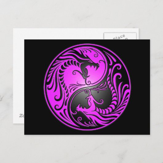 Yin Yang Dragons, lila und schwarz Postkarte (Vorne/Hinten)