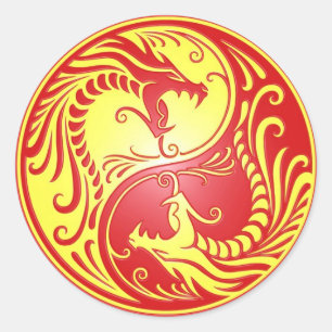 Yin Yang Dragons, rot und gelb Runder Aufkleber