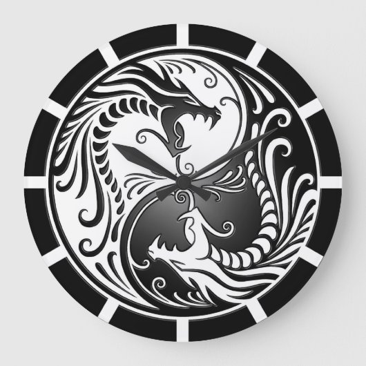Yin Yang Dragons, weiß und schwarz Große Wanduhr (Vorderseite)