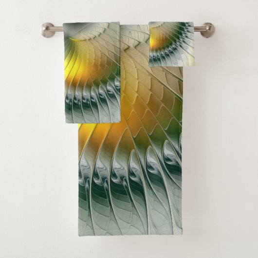 Yin Yang Green Yellow Abstraktes farbiges Fraktal Badhandtuch Set (Insitu)
