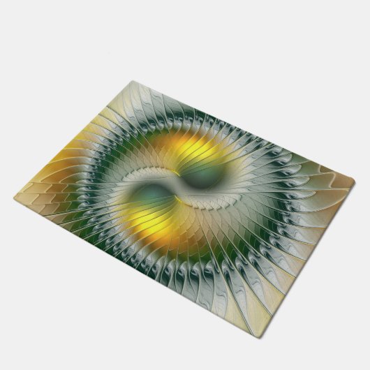 Yin Yang Green Yellow Abstraktes farbiges Fraktal Fußmatte (Schrägansicht)