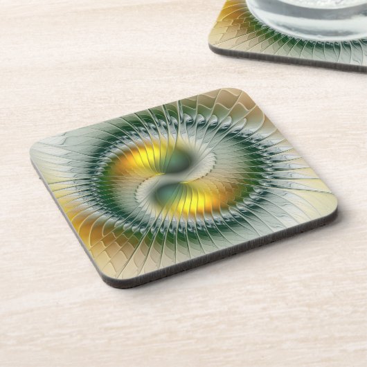 Yin Yang Green Yellow Abstraktes farbiges Fraktal Getränkeuntersetzer (Linke Seite)