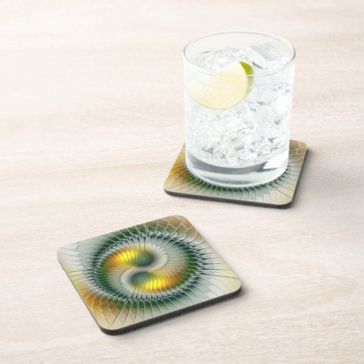 Yin Yang Green Yellow Abstraktes farbiges Fraktal Getränkeuntersetzer (Rechte Seite)