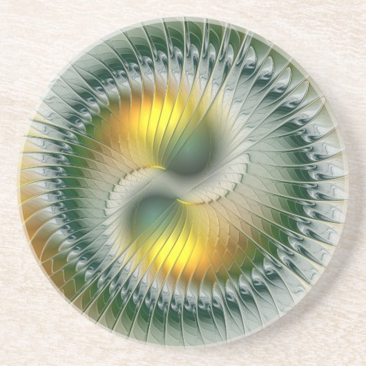 Yin Yang Green Yellow Abstraktes farbiges Fraktal Getränkeuntersetzer (Vorne)