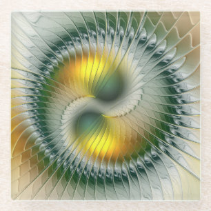 Yin Yang Green Yellow Abstraktes farbiges Fraktal Glasuntersetzer
