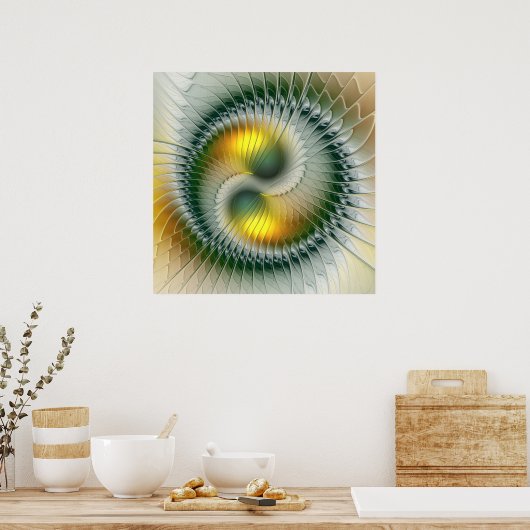 Yin Yang Green Yellow Abstraktes farbiges Fraktal Poster (Küche)
