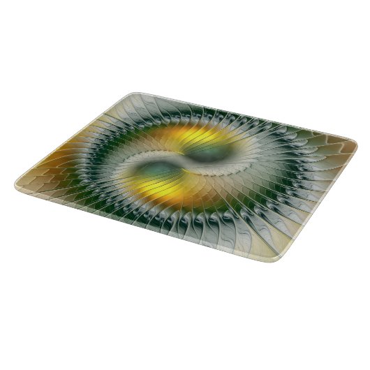 Yin Yang Green Yellow Abstraktes farbiges Fraktal Schneidebrett (Ecke)