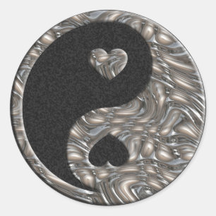 Yin & Yang / Hearts SILVER Schwarzer Spritzer Runder Aufkleber