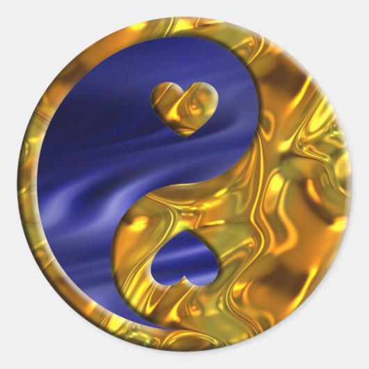 Yin & Yang / Herz Gold | Blaue Wellen Runder Aufkleber (Vorderseite)