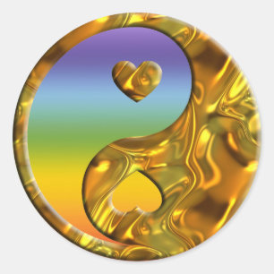 Yin & Yang / Herz Gold Kirschfarbe Runder Aufkleber