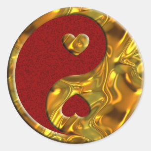Yin & Yang / Herzen gold dunkelrote Spritzer Runder Aufkleber