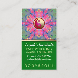 Yin Yang Hippie Pink Green Yoga Business Card Visitenkarte