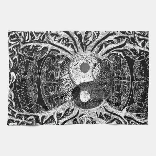 Yin Yang in Schwarzweiss mit Baum des Lebens Geschirrtuch (Horizontal)