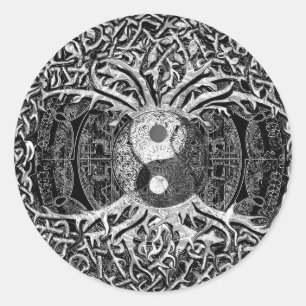 Yin Yang in Schwarzweiss mit Baum des Lebens Runder Aufkleber