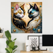 Yin-Yang Katzen mit magischen kosmischen Elementen Poster (Heimbüro)