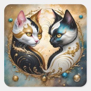 Yin-Yang-Katzen mit magischen kosmischen Elementen Quadratischer Aufkleber