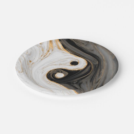 Yin Yang Liquid Marble Pappteller (Schrägansicht)