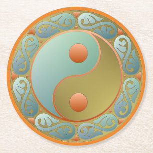 Yin Yang Medallion Gold Turquoise Runder Pappuntersetzer