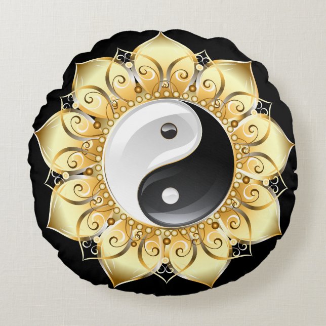 Yin Yang mit Lotus-Goldblättern Rundes Kissen (Vorderseite)