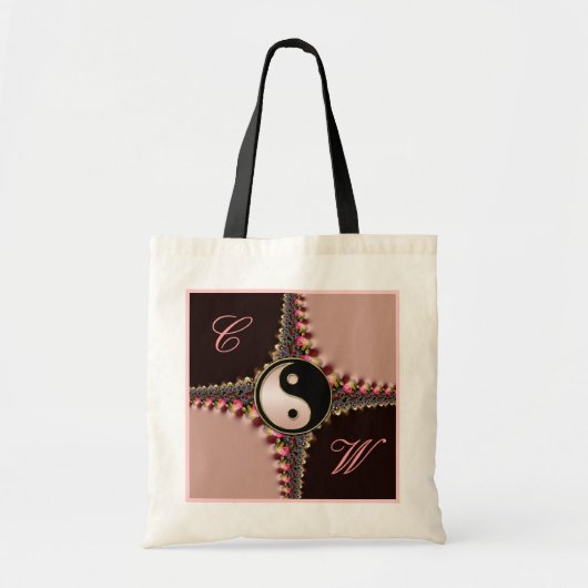 Yin Yang Monogram Pink + Black Fraktal Lace Bag Tragetasche (Vorne)