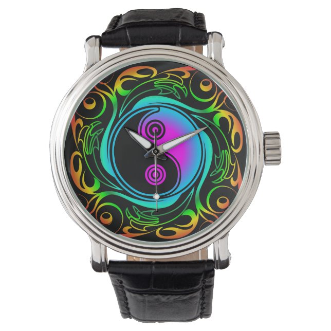 Yin Yang Psychedelic Rainbow Tattoo Armbanduhr (Vorderseite)