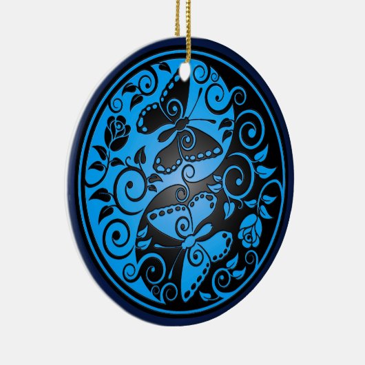 Yin Yang Schmetterlinge, Blau u. Schwarzes Keramik Ornament (Rechts)