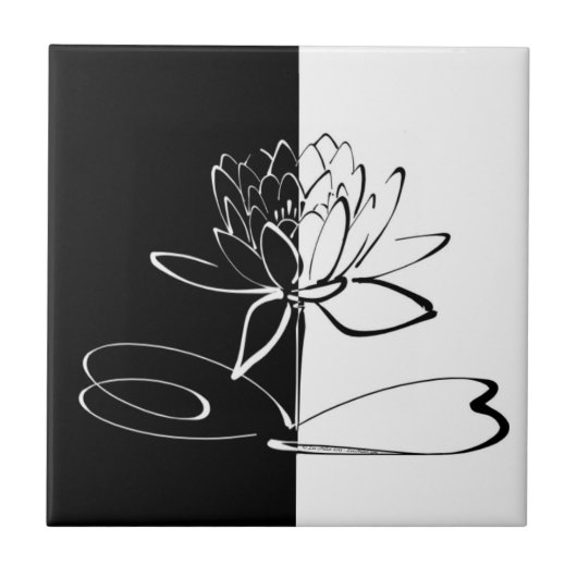 Yin Yang Schwarz-weiß Lotus Blossom Tile Fliese (Vorderseite)