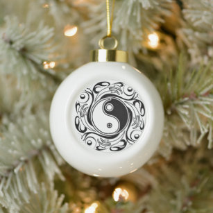Yin & Yang Symbol Black and White Tattoo Style Keramik Kugel-Ornament