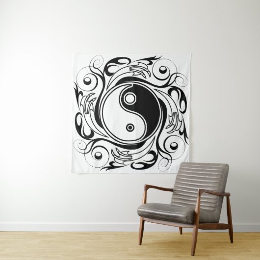 Yin & Yang Symbol Black and White Tattoo Style Wandteppich (Beispiel)