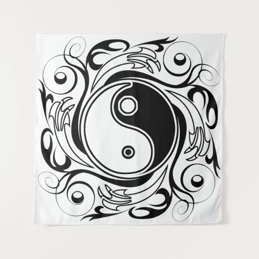 Yin & Yang Symbol Black and White Tattoo Style Wandteppich (Vorderseite)