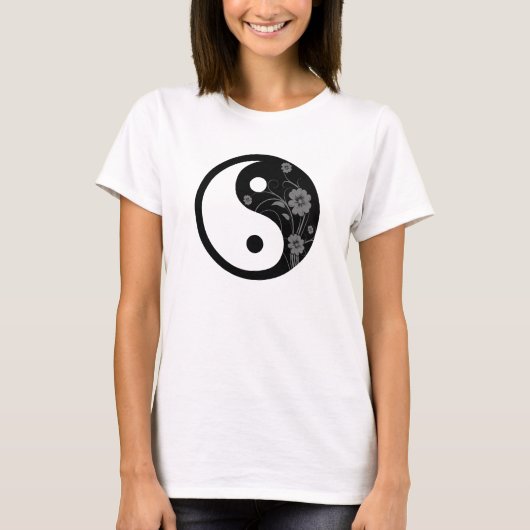 Yin Yang Symbol Black Floral T-Shirt (Vorderseite)