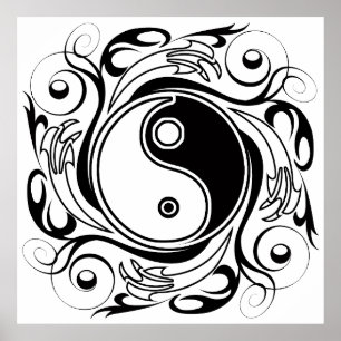 Yin & Yang-Symbol Schwarz-Weiß-Tätowierstil Poster