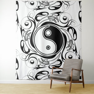 Yin & Yang Symbol Schwarz-Weiß-Tätowierstil Wandteppich