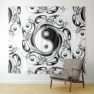Yin & Yang-Symbol Schwarz-Weiß-Tätowierstil Wandteppich
