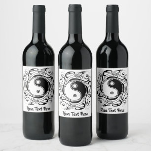Yin & Yang-Symbol Schwarz-Weiß-Tätowierstil Weinetikett