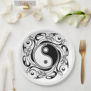 Yin & Yang Symbol Schwarz-Weiß-Tätowierungsstil Pappteller