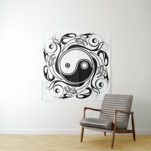 Yin & Yang Symbol Schwarz-Weiß-Tätowierungsstil Wandteppich