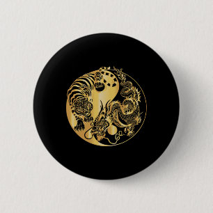 Yin Yang Tiger Dragon Gold Button