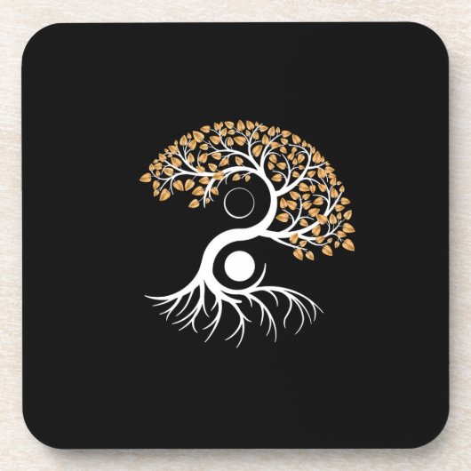 Yin Yang Tree - Goldene Blätter Getränkeuntersetzer (Vorderseite)