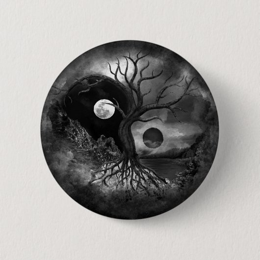 Yin Yang Tree Landscape Black and White Button (Vorderseite)