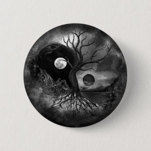 Yin Yang Tree Landscape Black and White Button