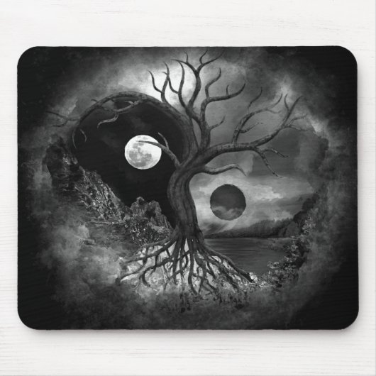 Yin Yang Tree Landscape Black and White Mousepad (Vorne)